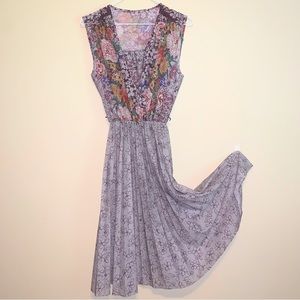 Purple Grey Floral Summer Dress Midi Vintage
